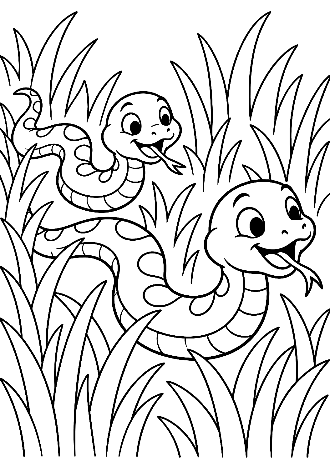 Deux Serpents Jouent à Chat dans l'Herbe à Colorier – coloriage à imprimer