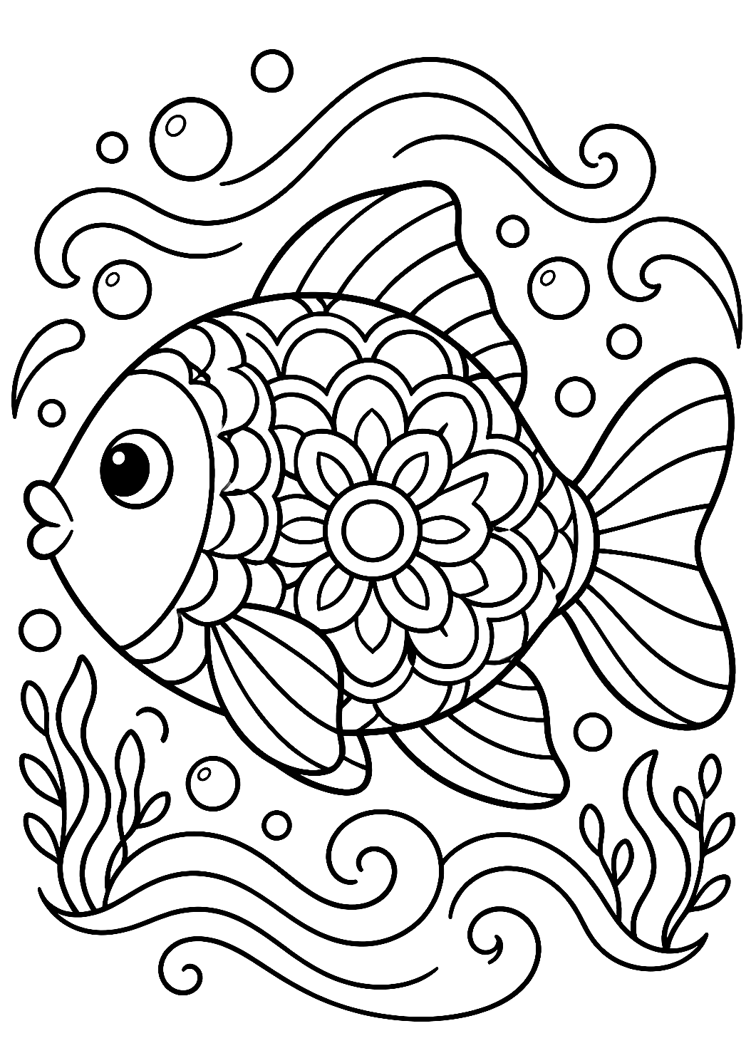 Fisch Mandala im Meer als Malvorlage – Ausmalbild zum Ausdrucken