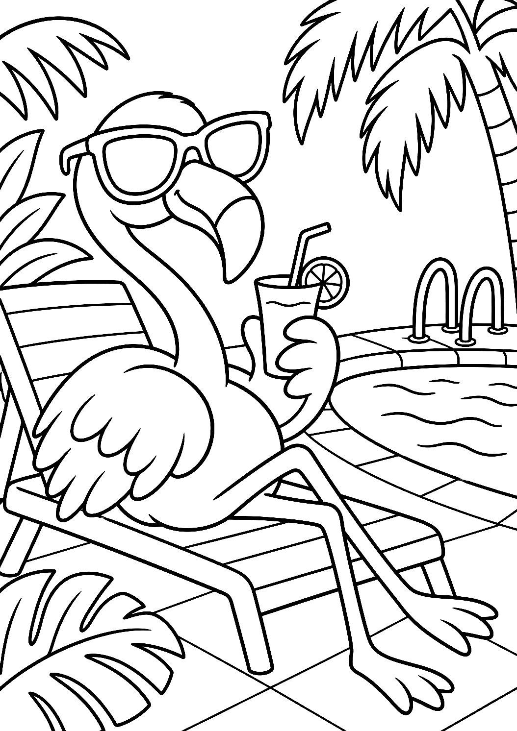 Flamingo mit Sonnenbrille am Pool als Malvorlage – Ausmalbild zum Ausdrucken