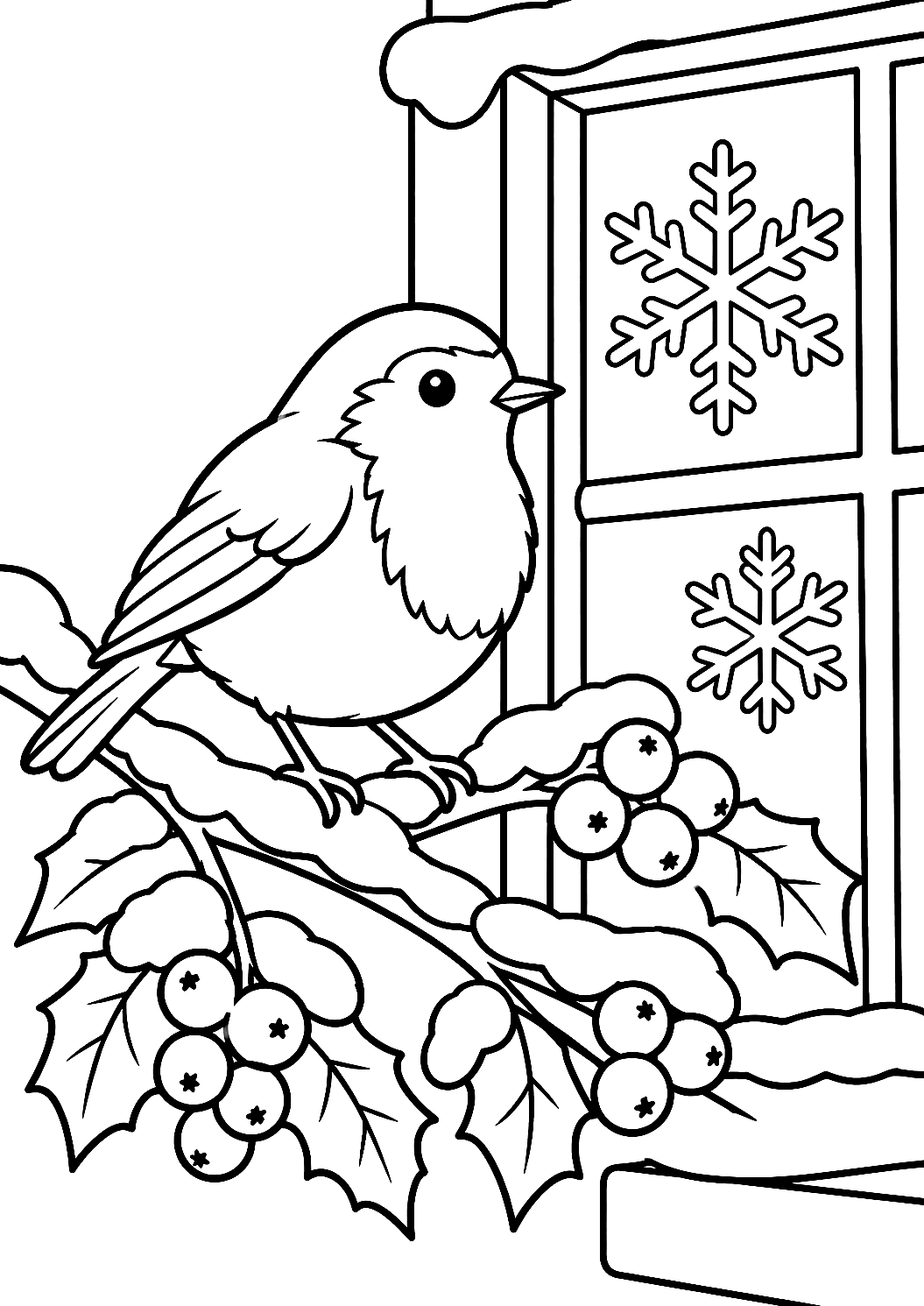 Vogel pickt Weihnachtsbeeren im Schnee als Malvorlage – Ausmalbild zum Ausdrucken