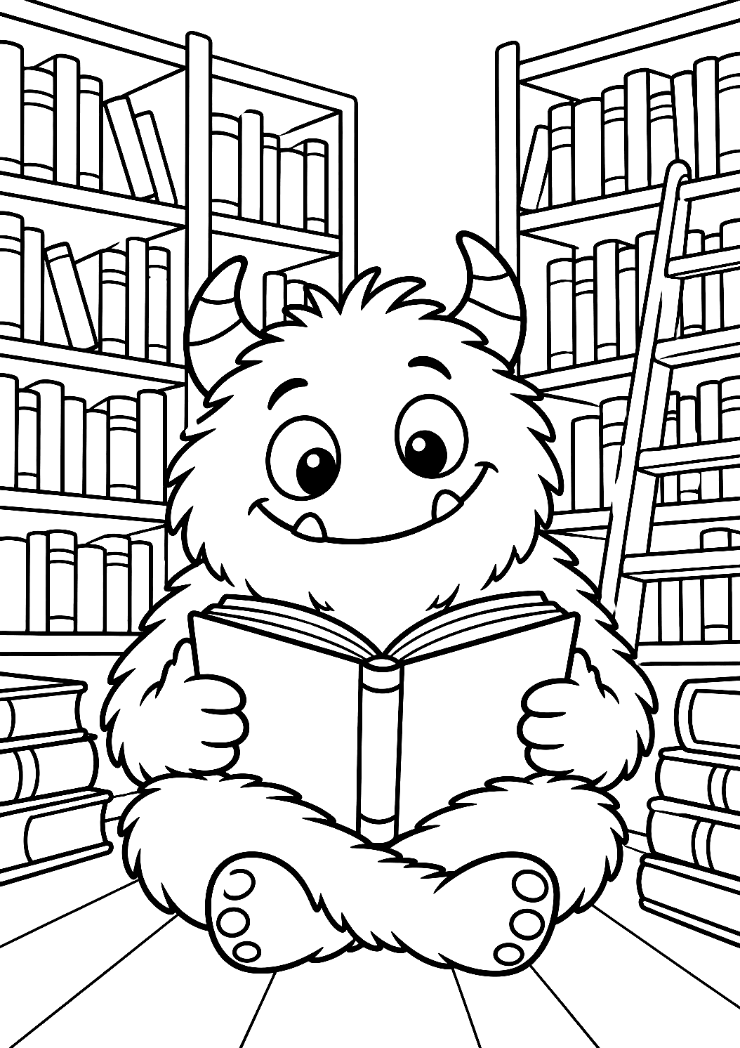 Monstro a ler um livro na biblioteca para colorir – desenho para colorir para imprimir