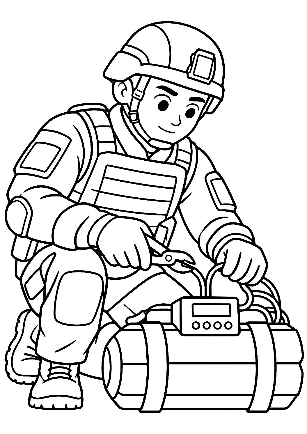 Página para colorear de un soldado desactivando una bomba de entrenamiento – dibujo para colorear e imprimir
