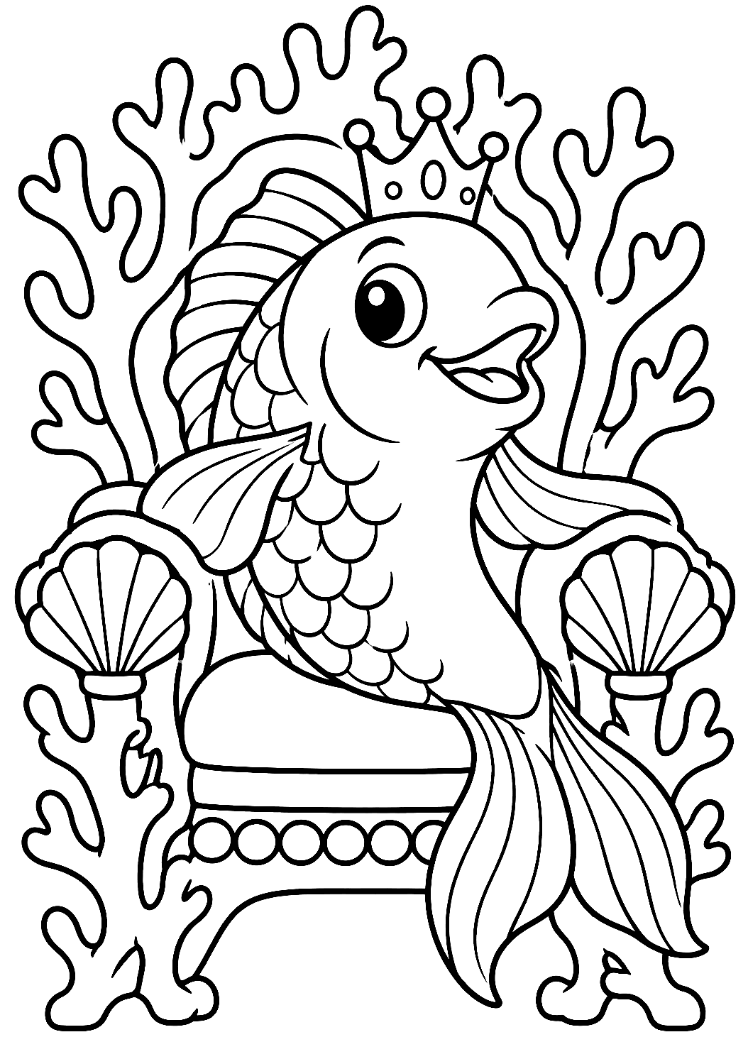 Pez con corona sentado en un trono de coral para colorear – dibujo para colorear e imprimir