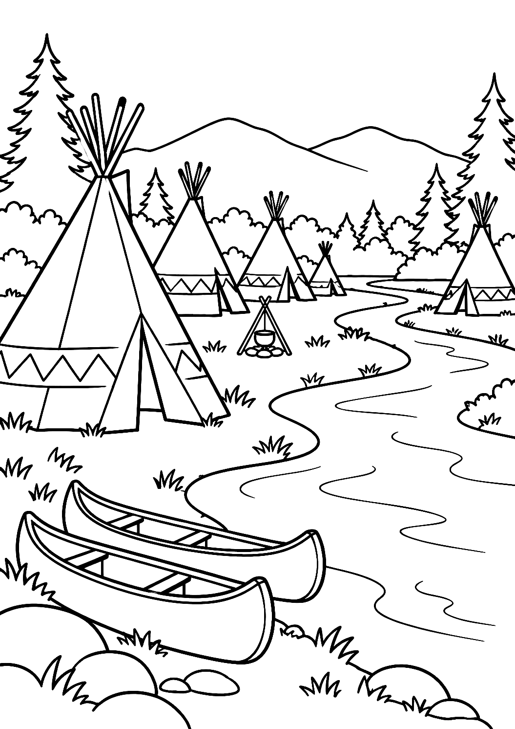 Native American Village by the River Coloring Page – printable coloring page