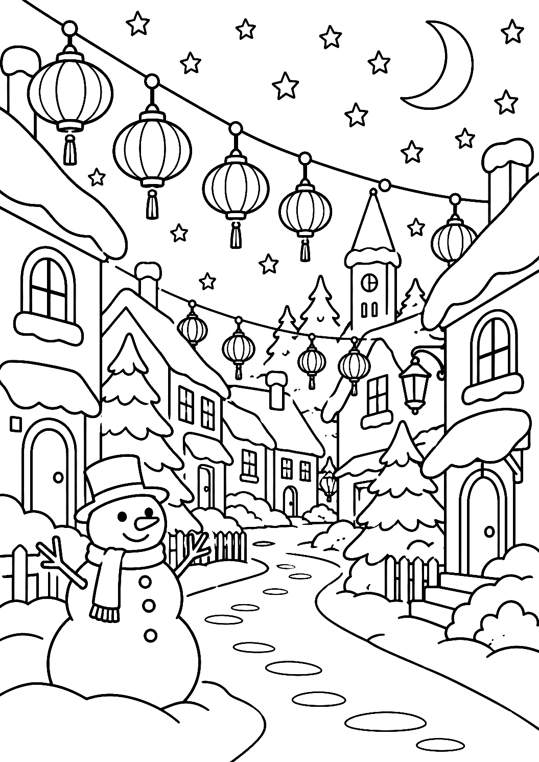 Coloriage de paysage d’hiver avec lanternes du Nouvel An – coloriage à imprimer