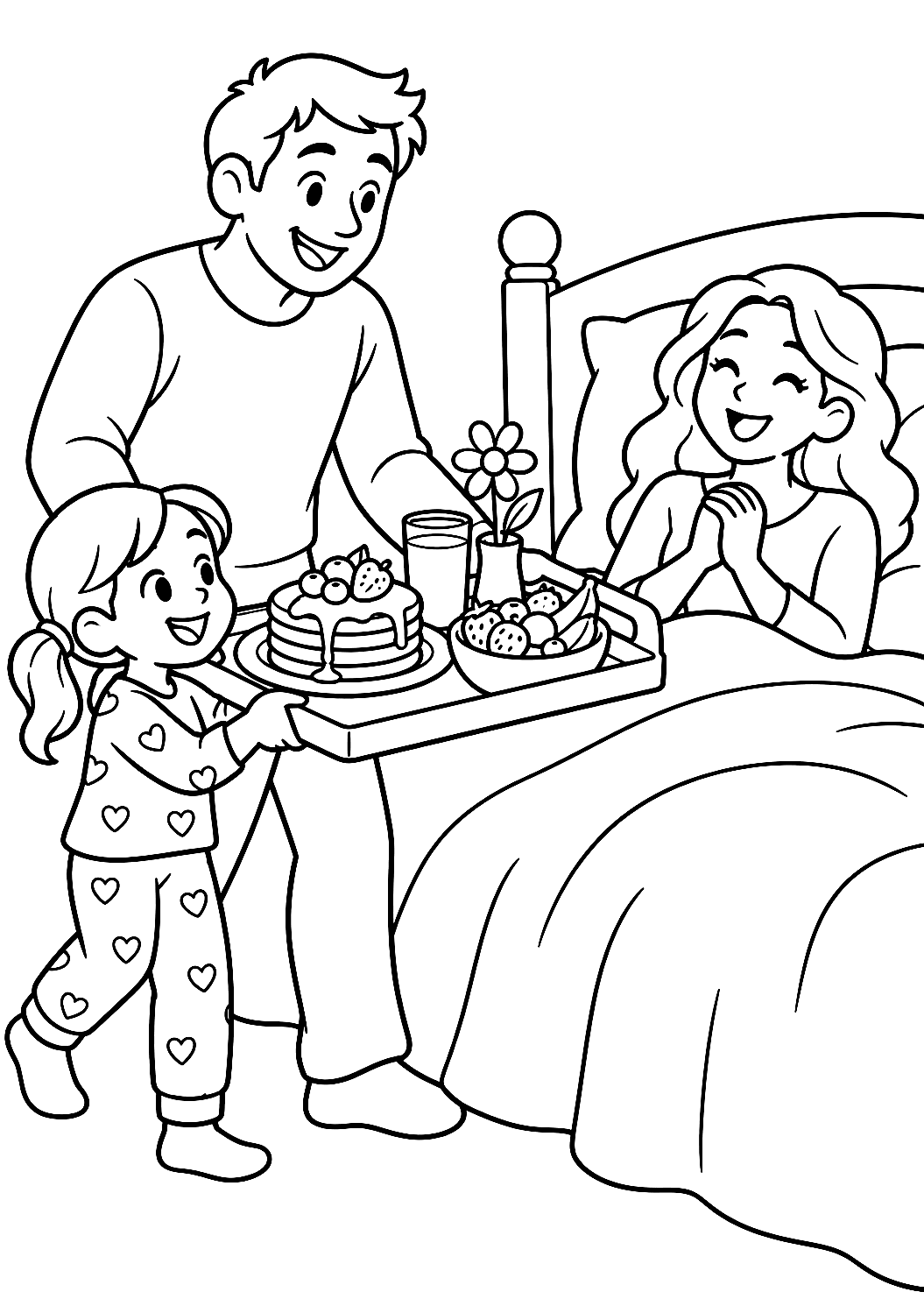 Coloriage de papa et enfant apportant le petit-déjeuner au lit – coloriage à imprimer