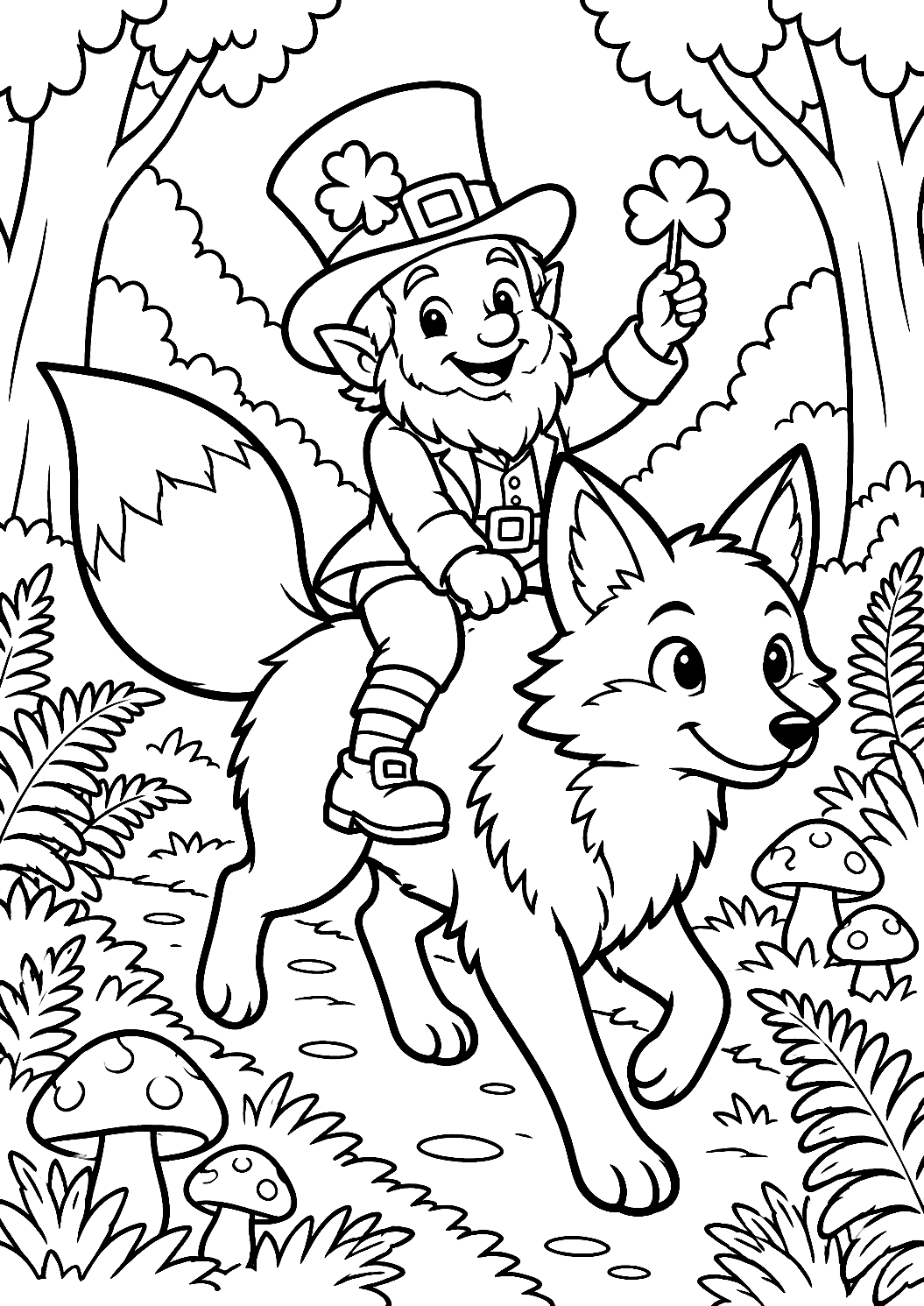 Coloriage d’un leprechaun sur un renard dans la forêt – coloriage à imprimer