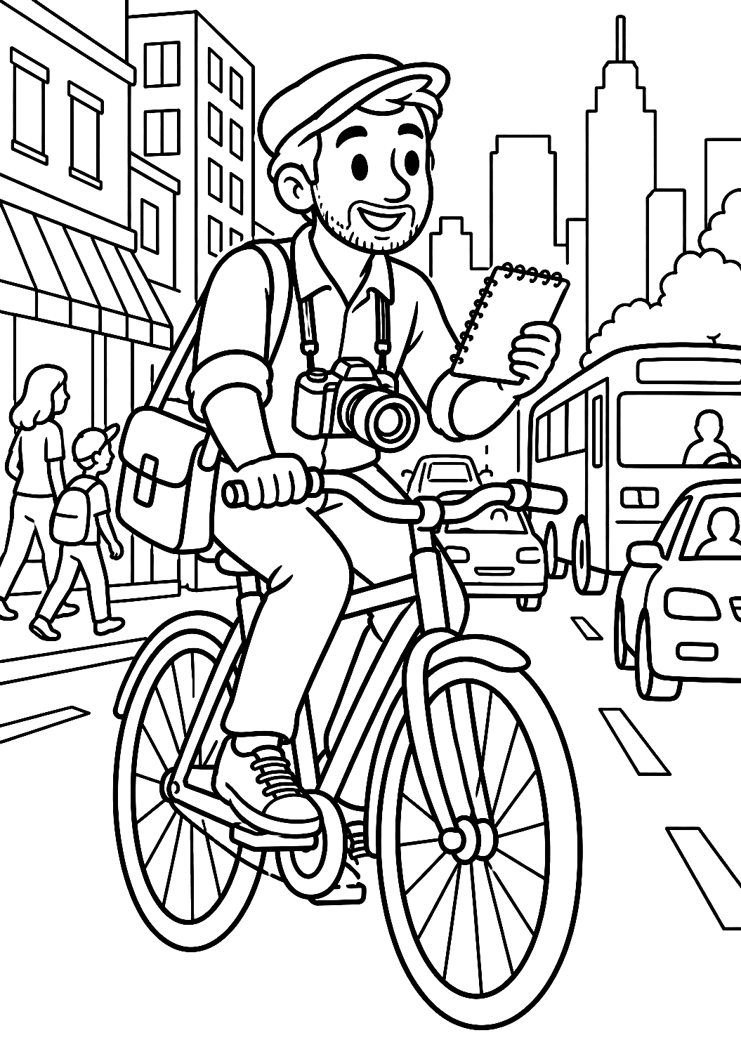 Journalist på cykel under ett stadsreportage – målarbild – målarbild att skriva ut