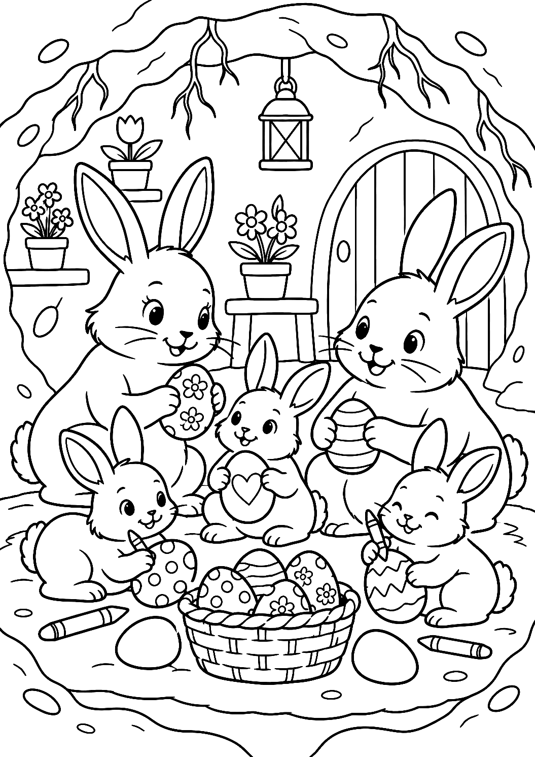 Osterhasenfamilie im Hasenbau als Malvorlage – Ausmalbild zum Ausdrucken