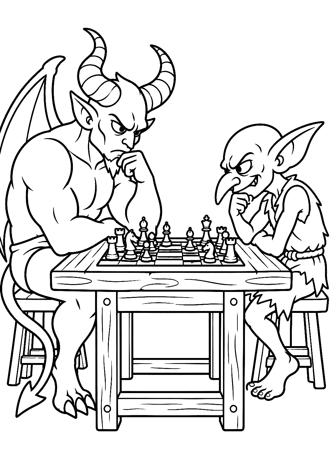 Dämon spielt Schach mit einem Kobold als Malvorlage – Ausmalbild zum Ausdrucken