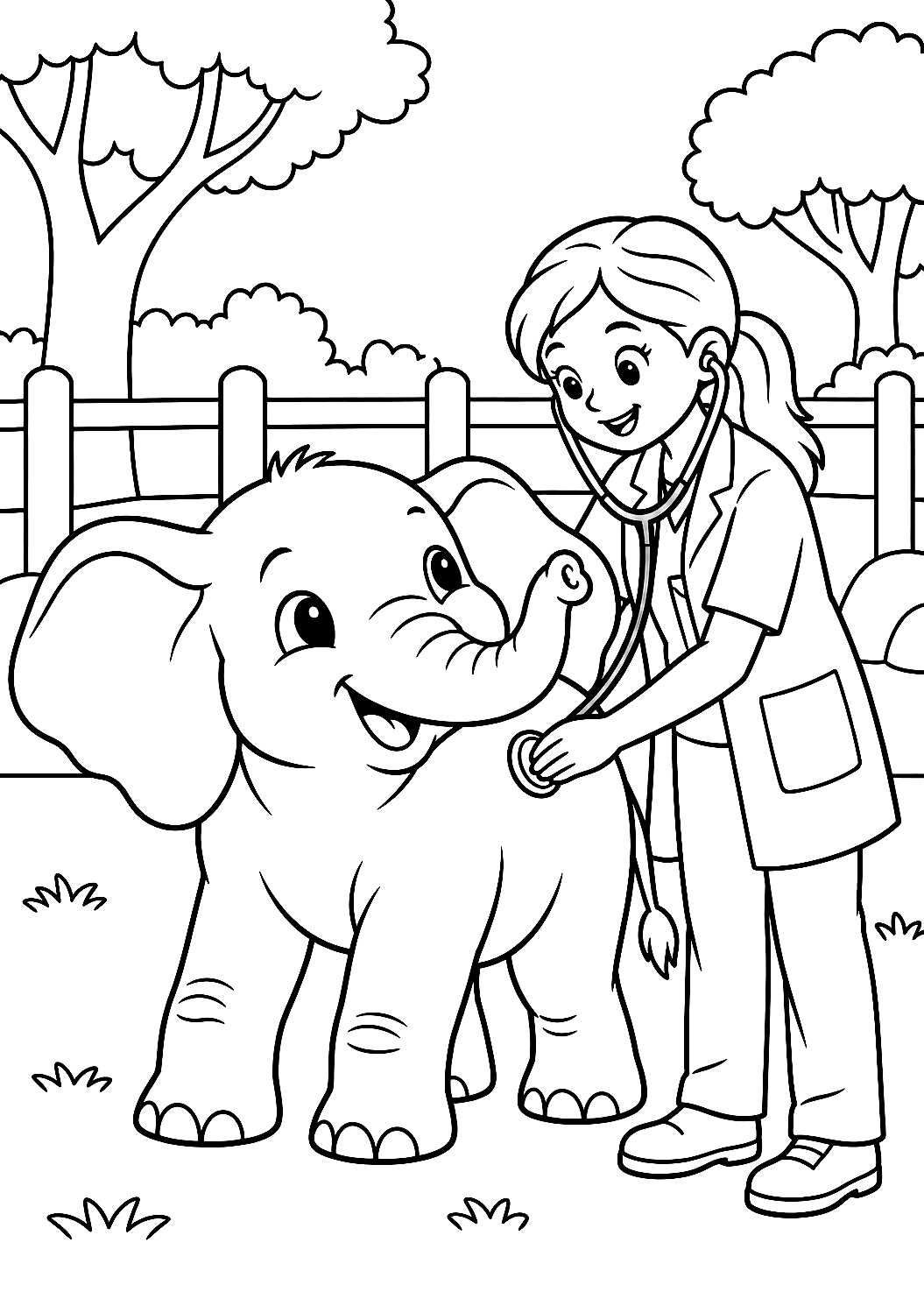Coloriage d'un vétérinaire examinant un bébé éléphant au zoo – coloriage à imprimer