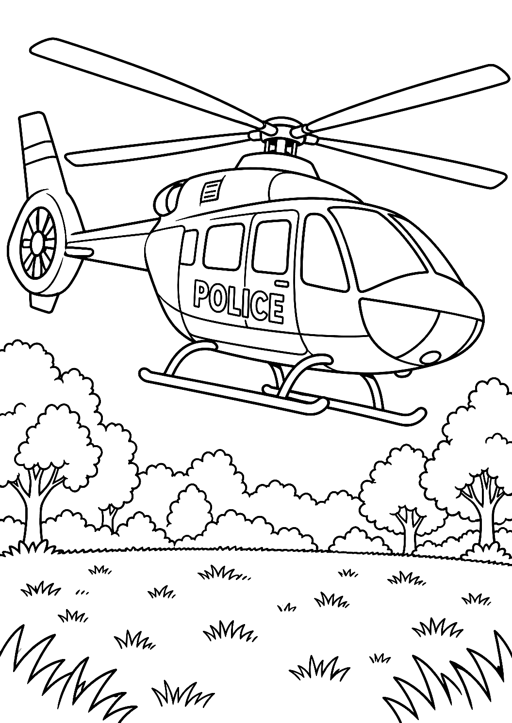 Policyjny helikopter lądujący na łące – kolorowanka – kolorowanka do druku