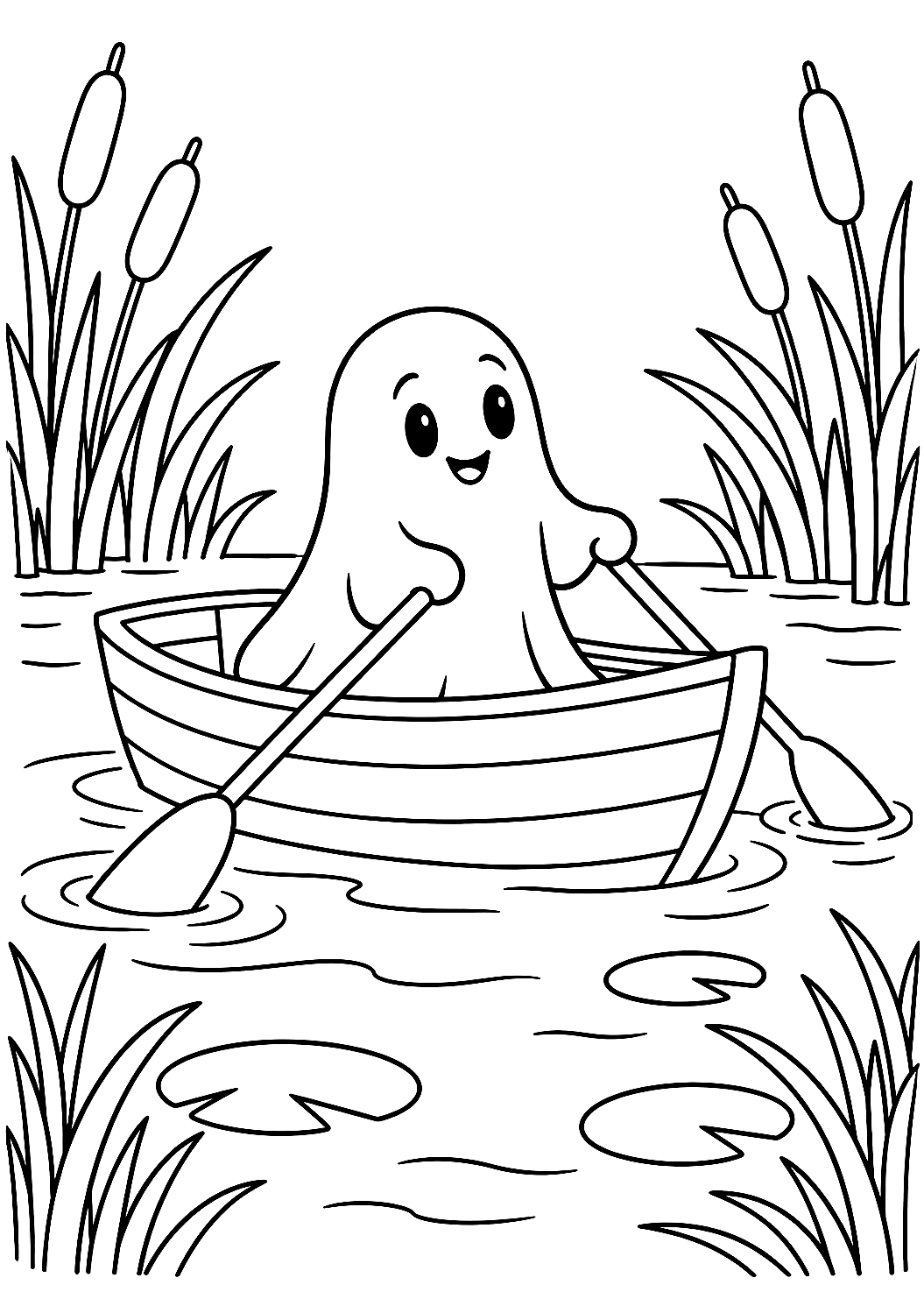 Geist im Ruderboot auf einem stillen Teich als Malvorlage – Ausmalbild zum Ausdrucken