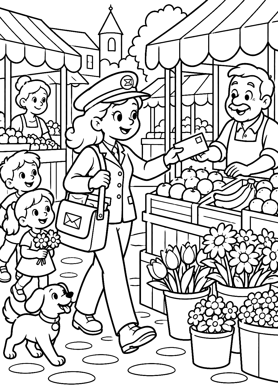 Coloriage d'une factrice distribuant des lettres sur une place de marché – coloriage à imprimer