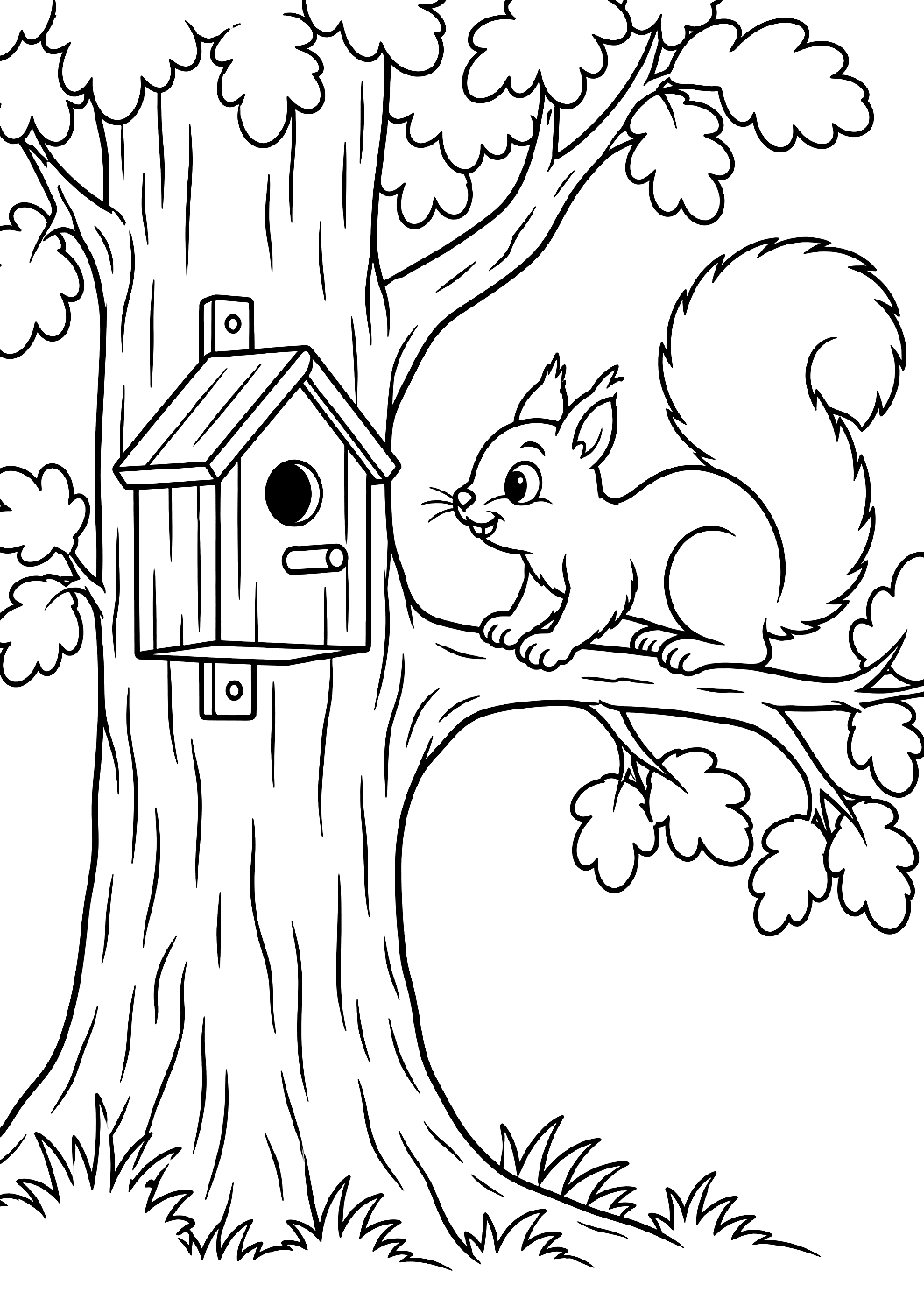 Página para colorir de árvore com caixa-ninho e esquilo – desenho para colorir para imprimir