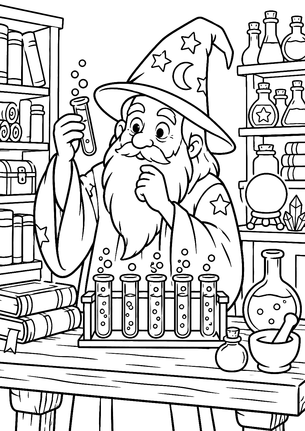 Pagina da colorare di un mago nel laboratorio con provette ribollenti – disegno da colorare da stampare
