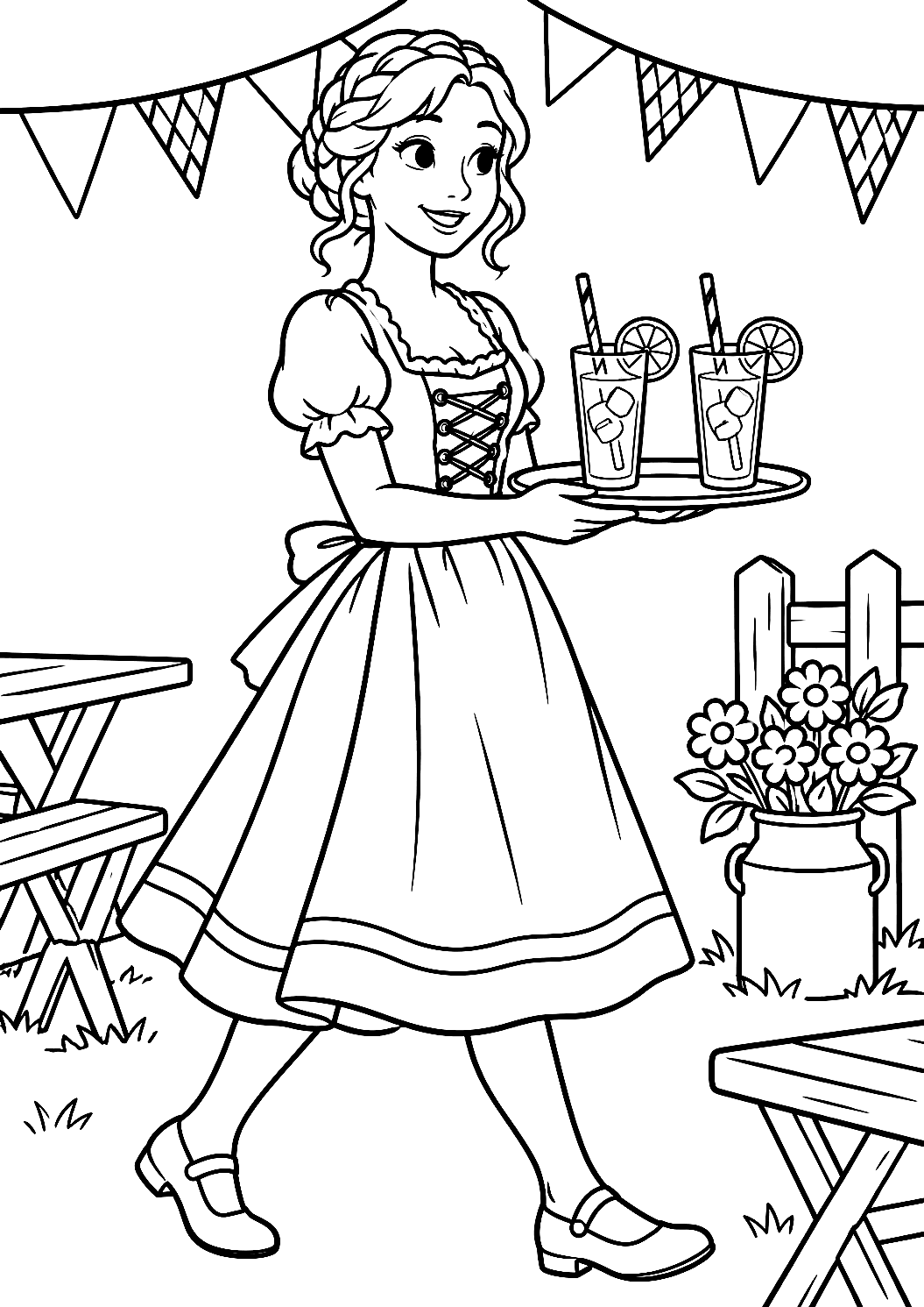 Serveerster met limonadeglazen op het Oktoberfest als kleurplaat – kleurplaat om af te drukken