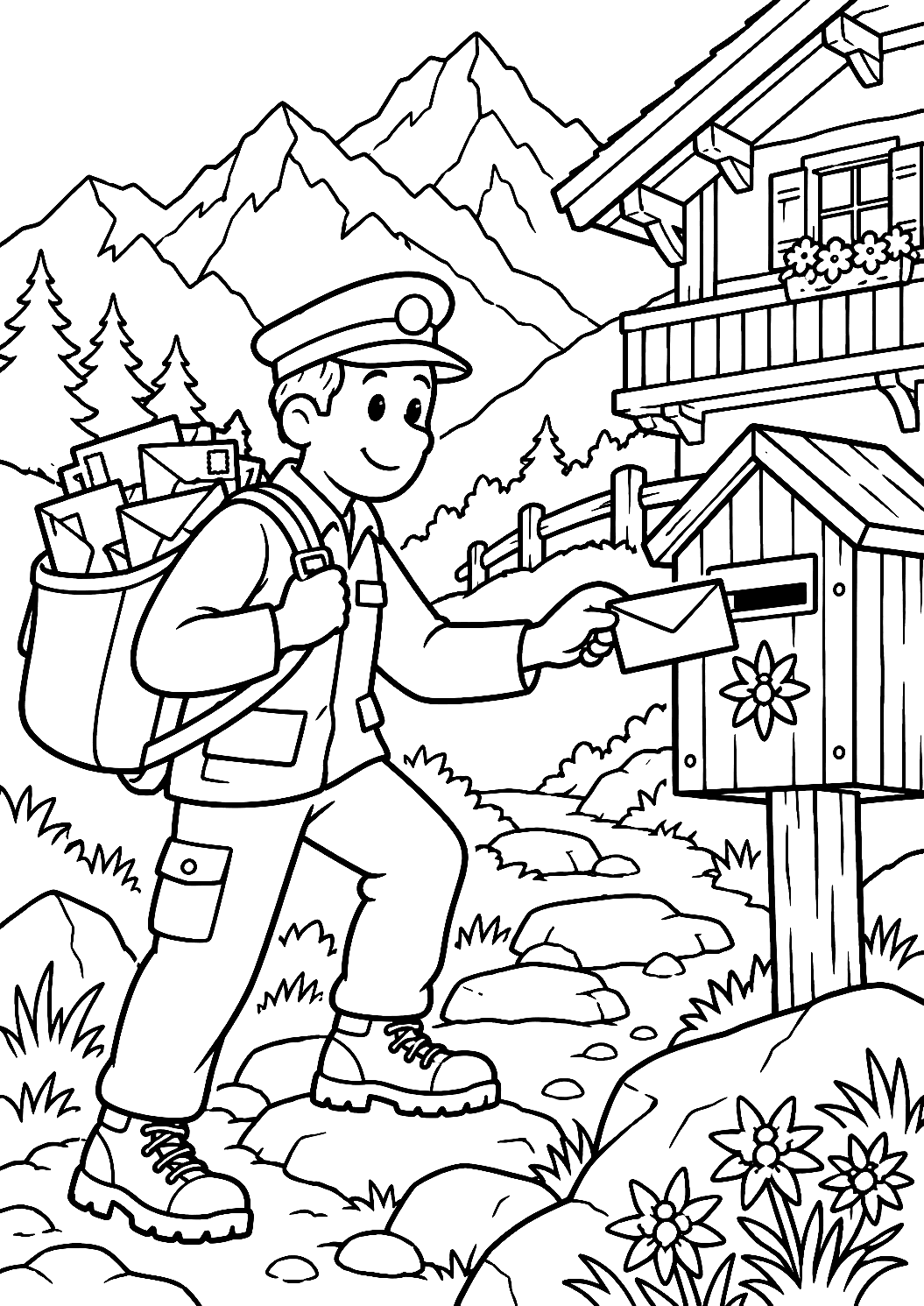 アルプホルン型の郵便箱を持つ山の郵便配達員のぬりえ – 印刷用ぬりえ