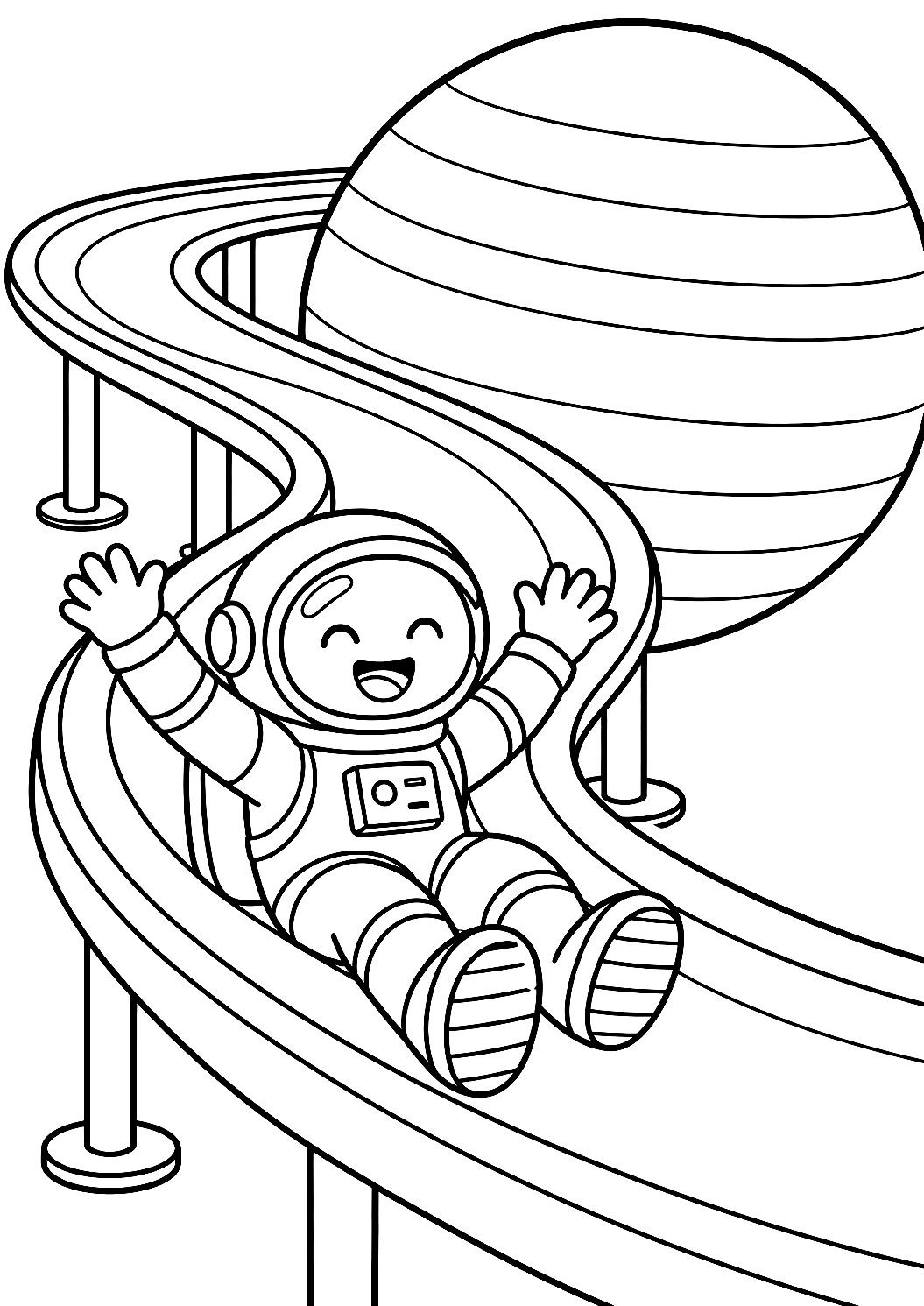 Astronaut rutscht eine Rutsche auf dem Saturn hinunter als Malvorlage – Ausmalbild zum Ausdrucken