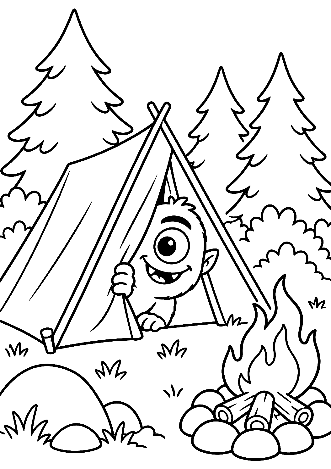 Zyklop im Zelt beim Camping als Malvorlage – Ausmalbild zum Ausdrucken