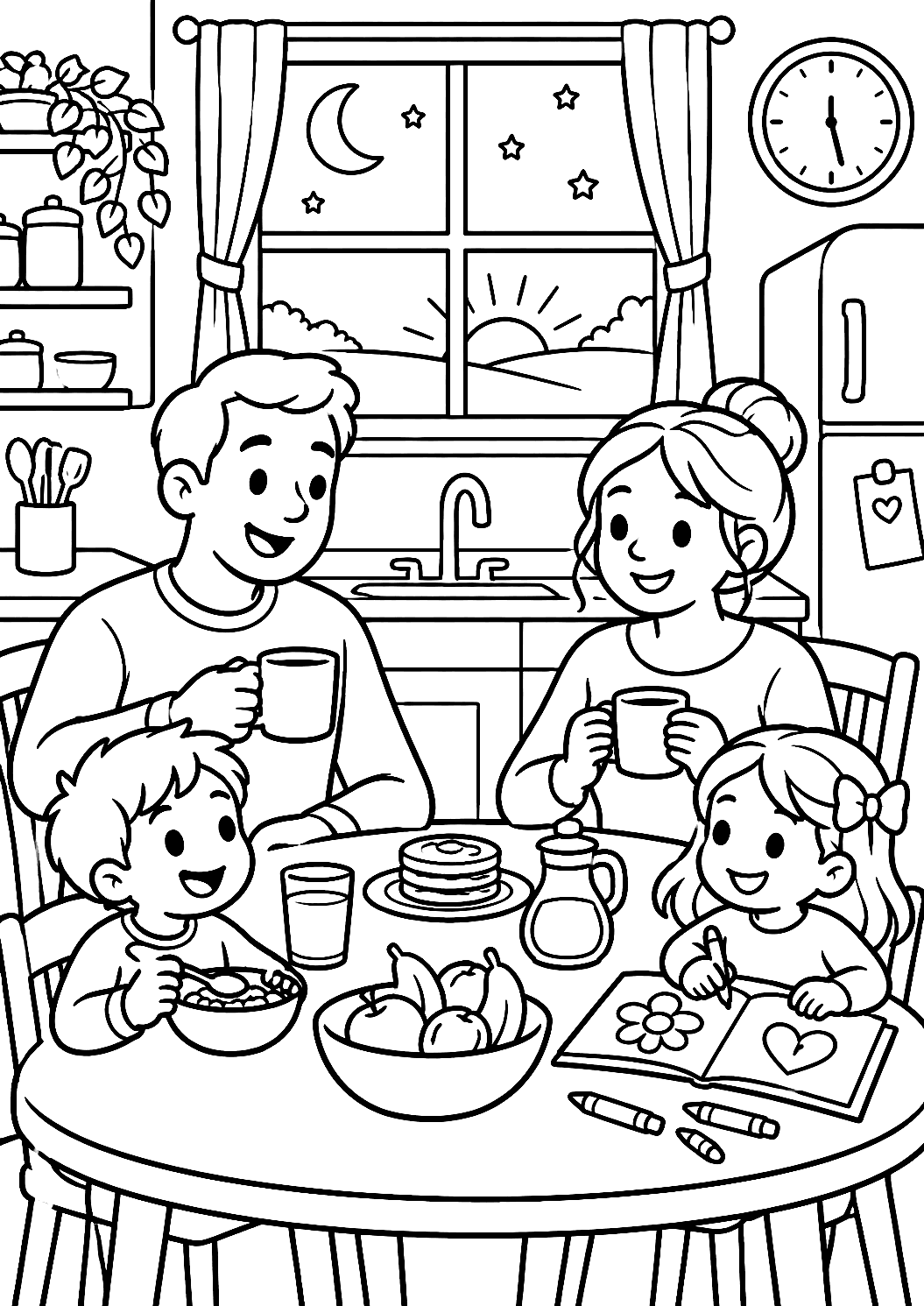 Familien ved den tidlige morgenmad før fasten som tegning til farvelægning – malebog til udskrivning