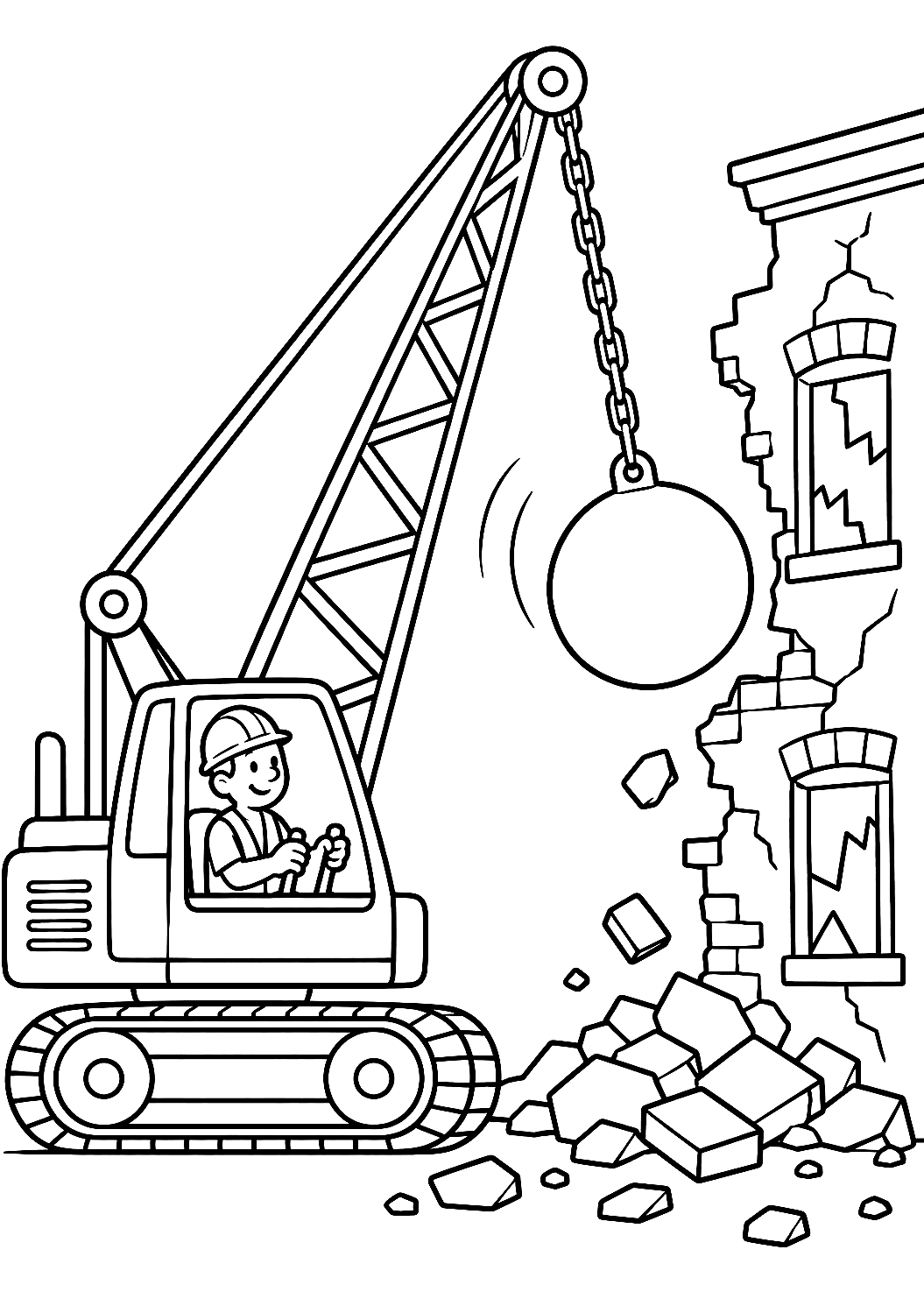 Operário a Demolir uma Casa com a Bola de Demolição para Colorir – desenho para colorir para imprimir