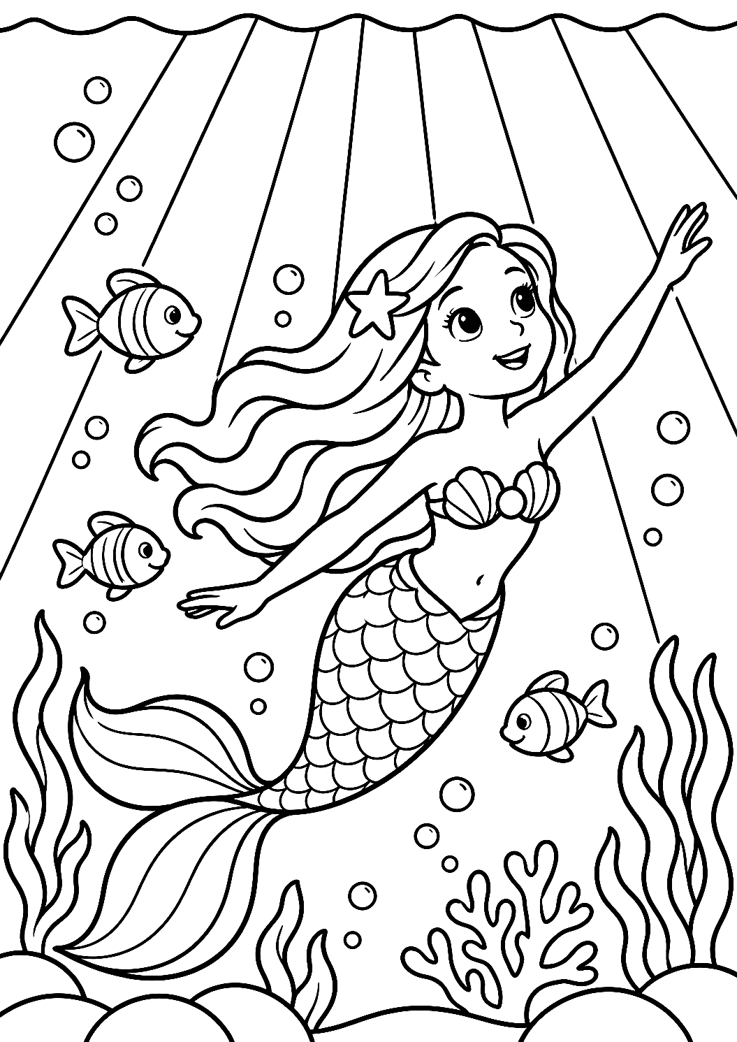 Mermaid in Rainbow Light Underwater Coloring Page – printable coloring page