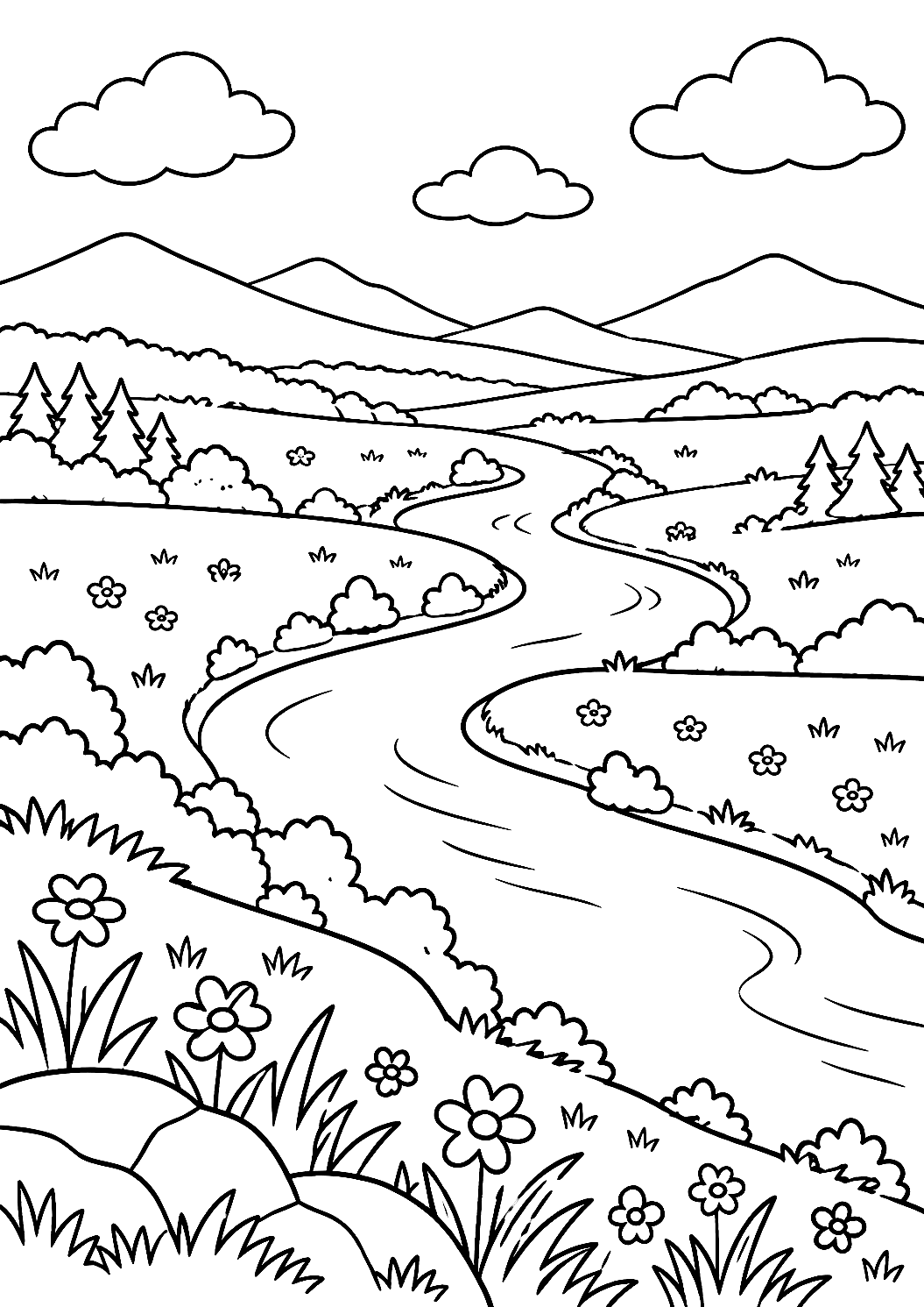 Página para colorir: rio serpenteando por prados verdes – desenho para colorir para imprimir