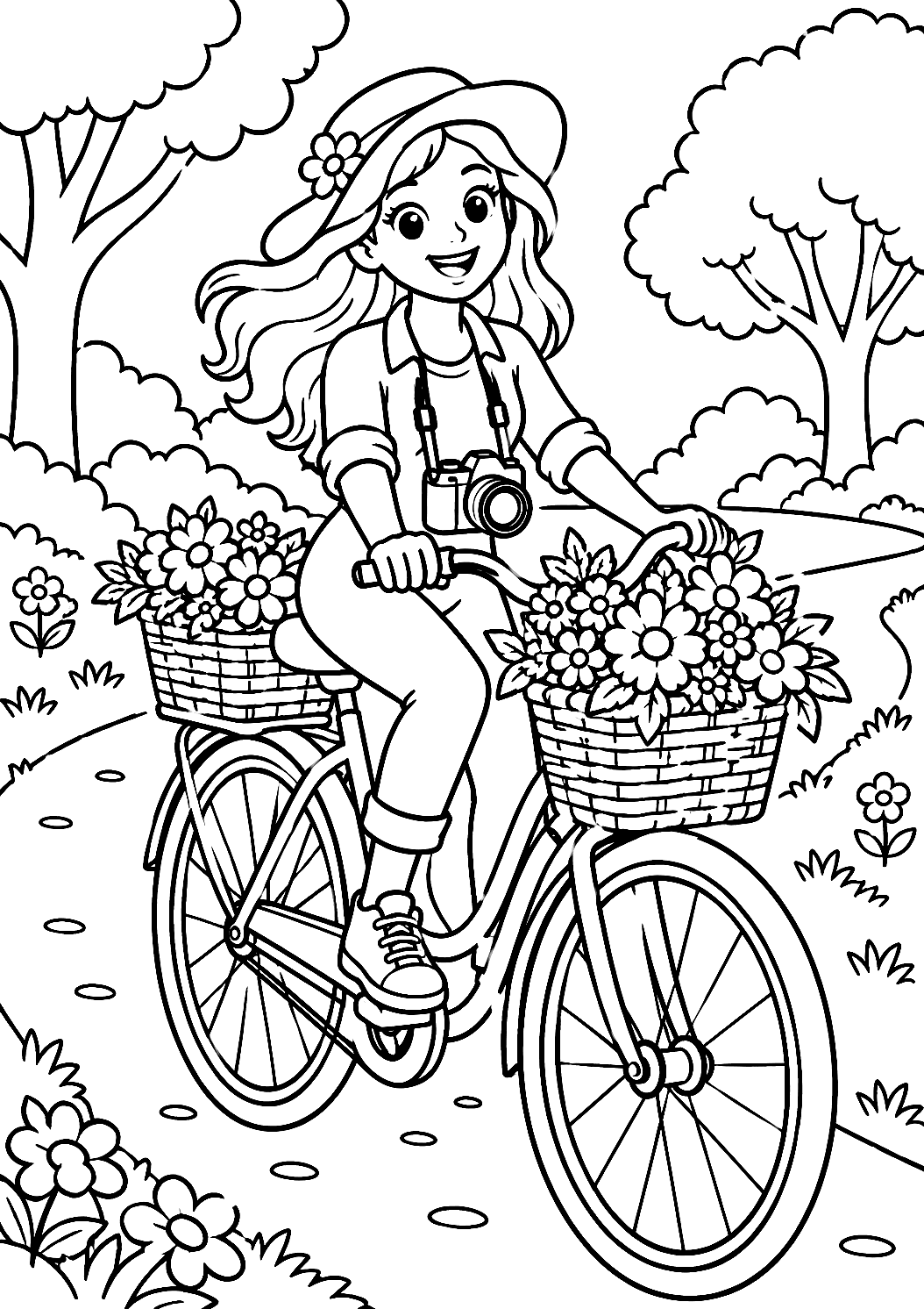 Fotógrafa en Bicicleta con Cámara al Cuello para Colorear – dibujo para colorear e imprimir