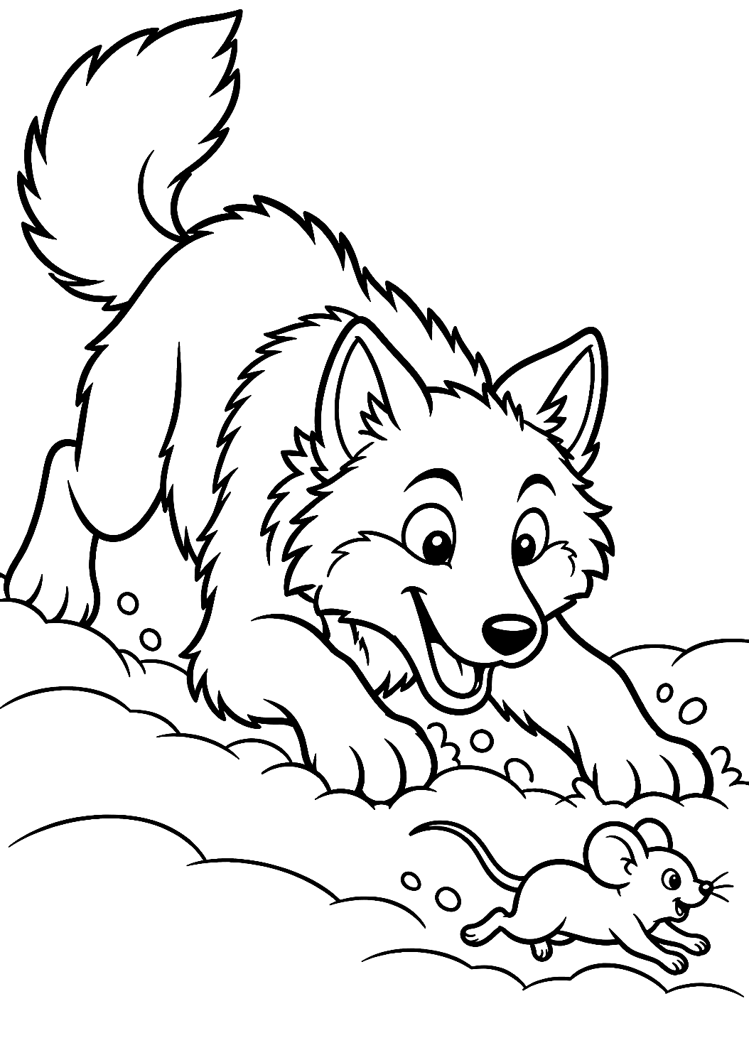 Lupo che caccia un topo nella neve da colorare – disegno da colorare da stampare