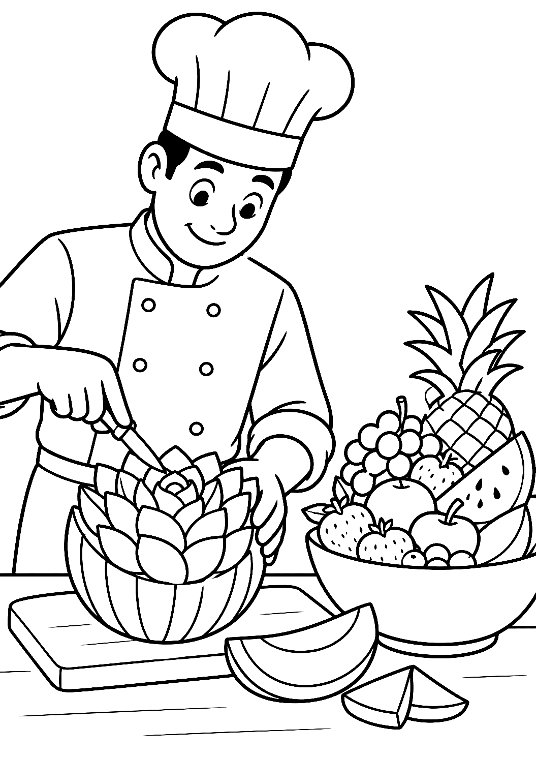 Cocinero Tallando Fruta para una Ensalada de Frutas para Colorear – dibujo para colorear e imprimir