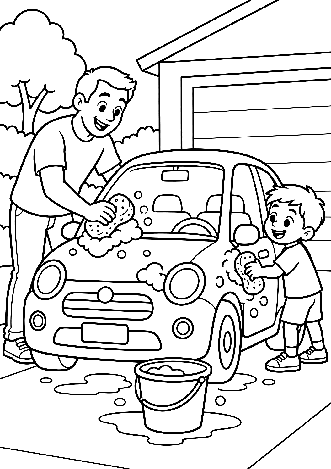 Papà e bambino lavano un'auto da colorare – disegno da colorare da stampare