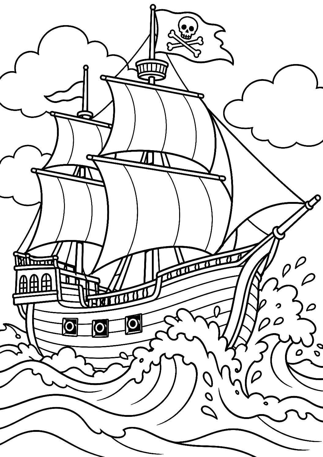 Piratenschiff segelt durch stürmische See als Malvorlage – Ausmalbild zum Ausdrucken