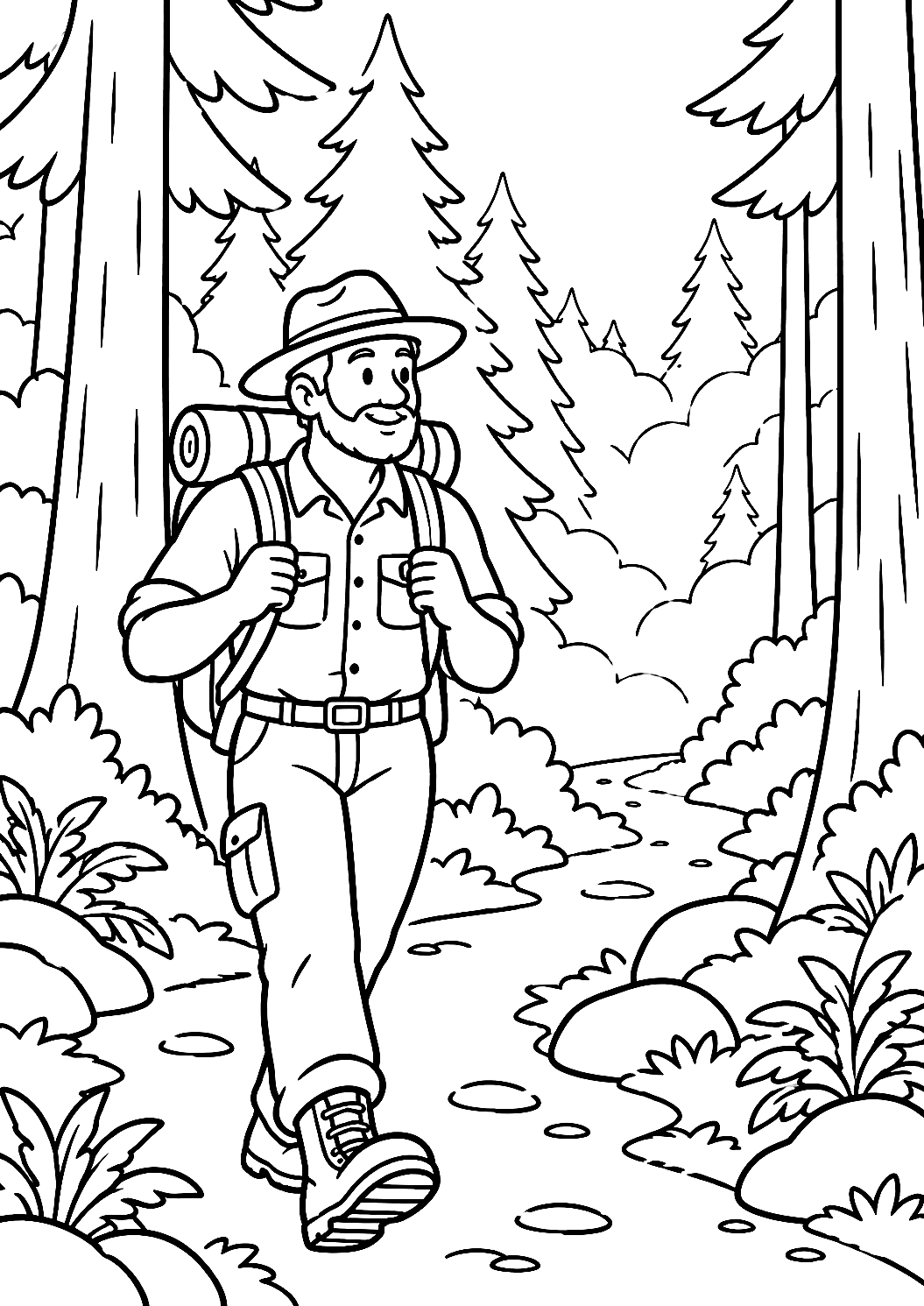 Guarda-Florestal com Mochila a Caminhar numa Floresta Nebulosa para Colorir – desenho para colorir para imprimir