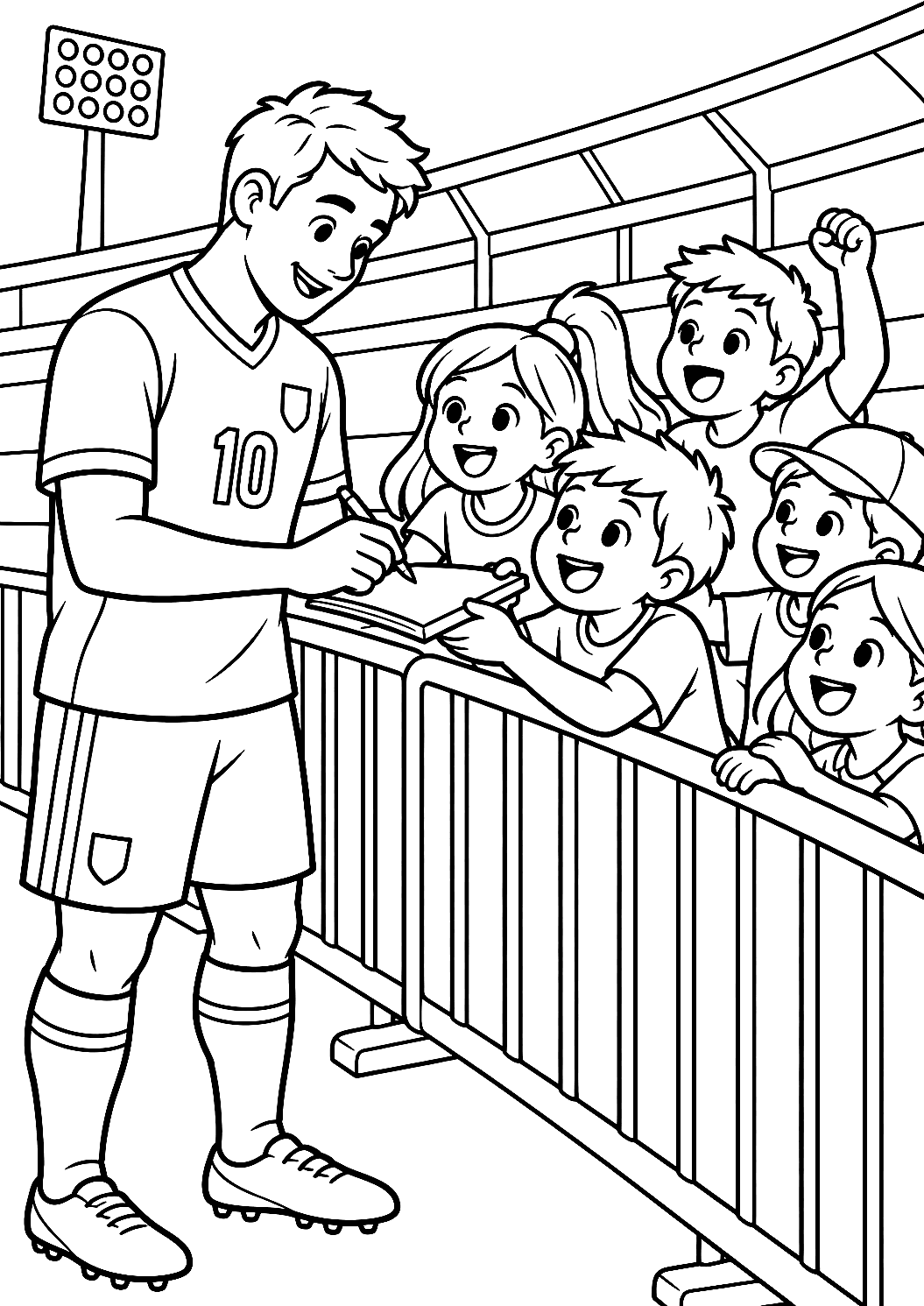Fußballer beim Autogrammschreiben für Fans als Malvorlage – Ausmalbild zum Ausdrucken
