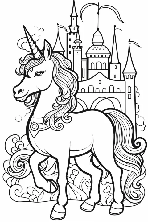 Licorne dans le château comme modèle de coloriage – coloriage à imprimer