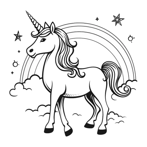Einhorn mit Regenbogen als Malvorlage – Ausmalbild zum Ausdrucken