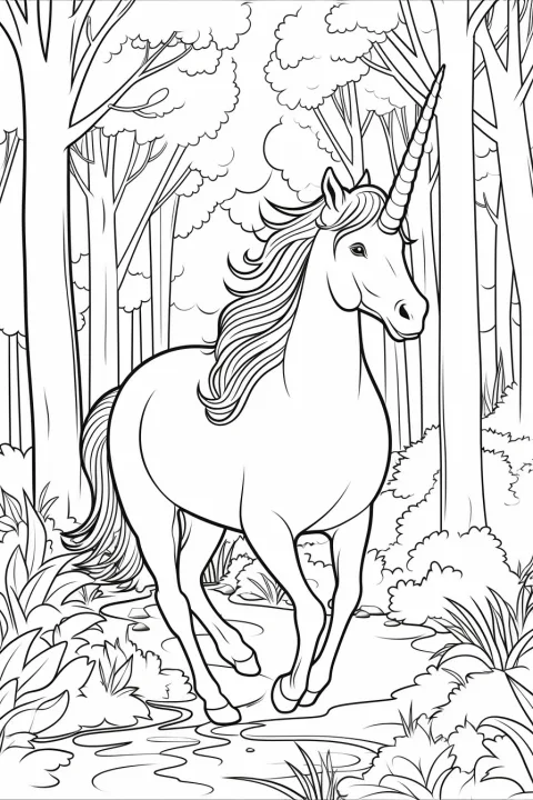 Unicorno nel bosco come modello da colorare – disegno da colorare da stampare