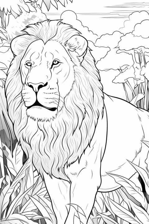 Leeuw in de jungle als kleurplaat – kleurplaat om af te drukken