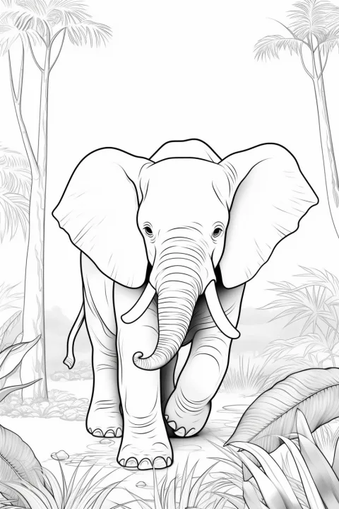 Elefante nella foresta pluviale come modello da colorare – disegno da colorare da stampare
