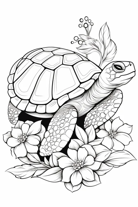 Tartaruga con fiori come modello da colorare – disegno da colorare da stampare