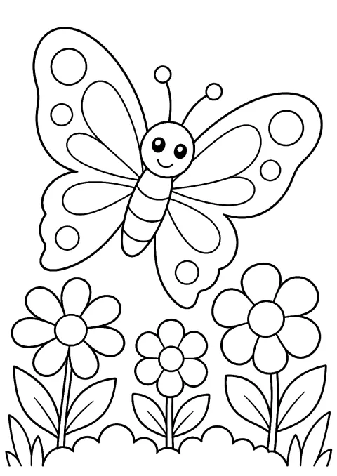 Schmetterling im Garten als Malvorlage – Ausmalbild zum Ausdrucken