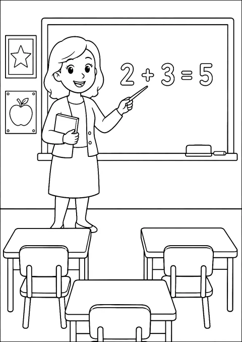 Tanárnő a táblánál kifestőként – nyomtatható kifestő