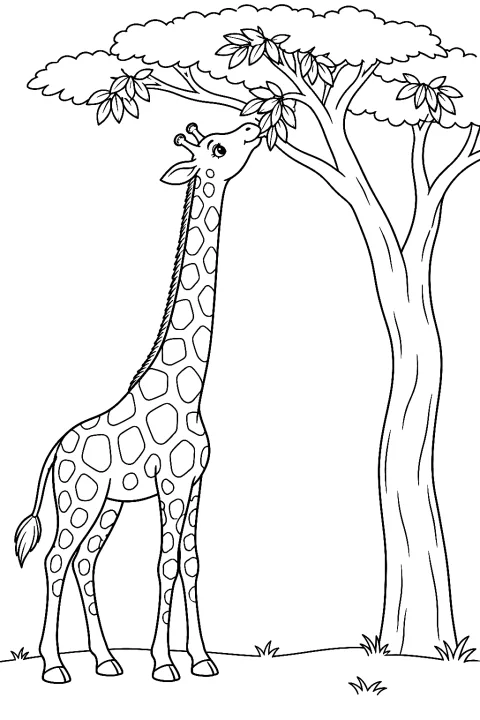 Giraffe eet bladeren van een boom als kleurplaat – kleurplaat om af te drukken