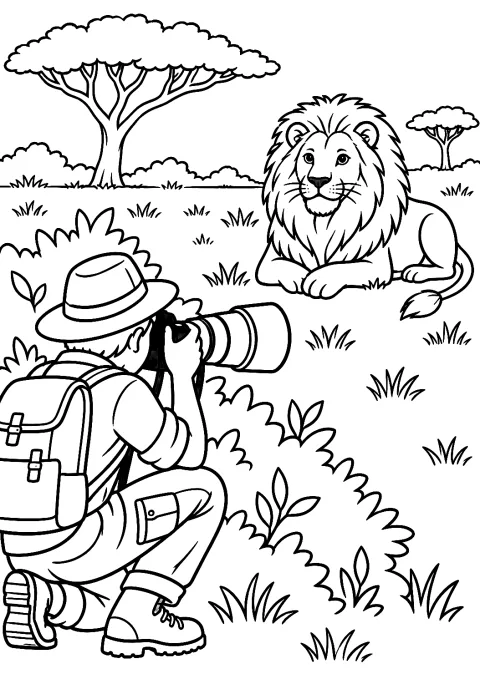 Fotógrafa a fotografar um leão na savana para colorir – desenho para colorir para imprimir