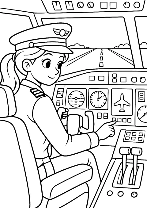 Pilotka v kokpitu před startem jako omalovánka – omalovánka k vytisknutí