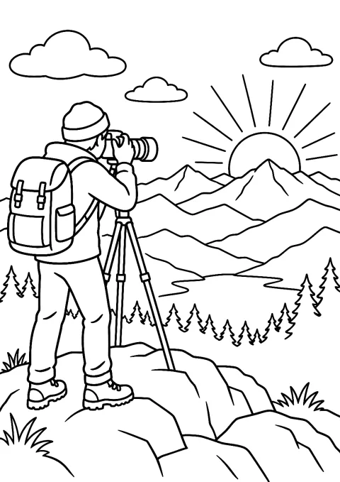 Fotograf auf dem Berggipfel bei Sonnenaufgang als Malvorlage – Ausmalbild zum Ausdrucken