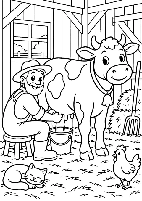 Granjero Ordeñando Vacas en el Establo para Colorear – dibujo para colorear e imprimir