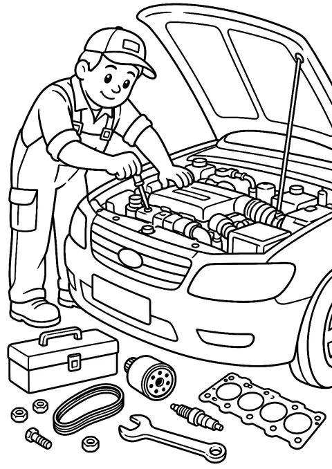 Mechaniker beim Reparieren eines Motors als Malvorlage – Ausmalbild zum Ausdrucken
