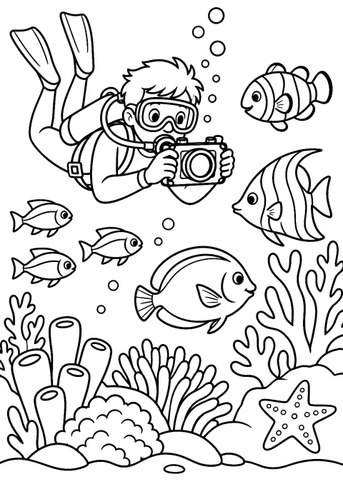 Unterwasserfotografin mit Fischen als Malvorlage – Ausmalbild zum Ausdrucken